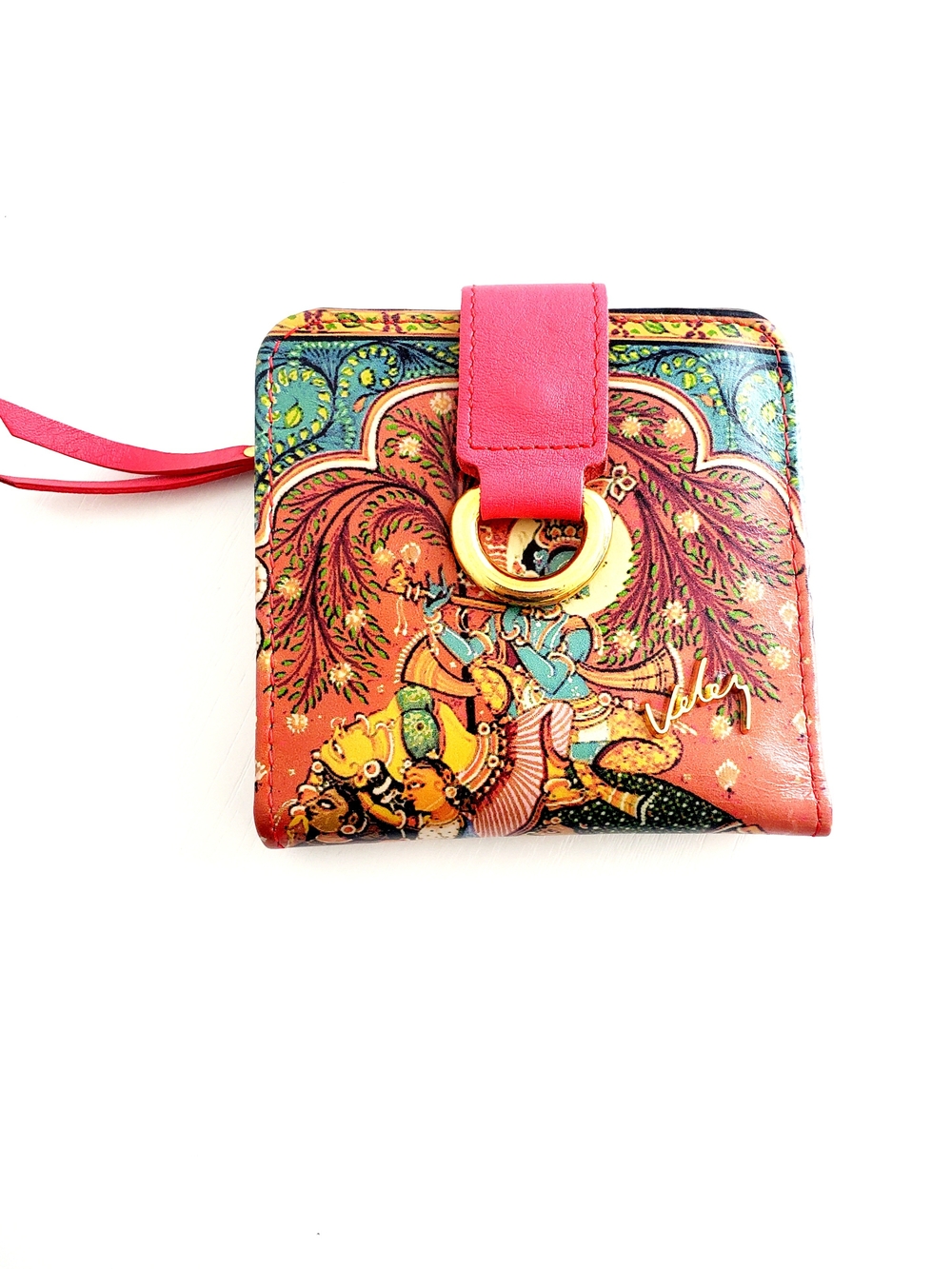 Velez Leather Pink Multicolor Printed Wallet with Gold Ring Detail